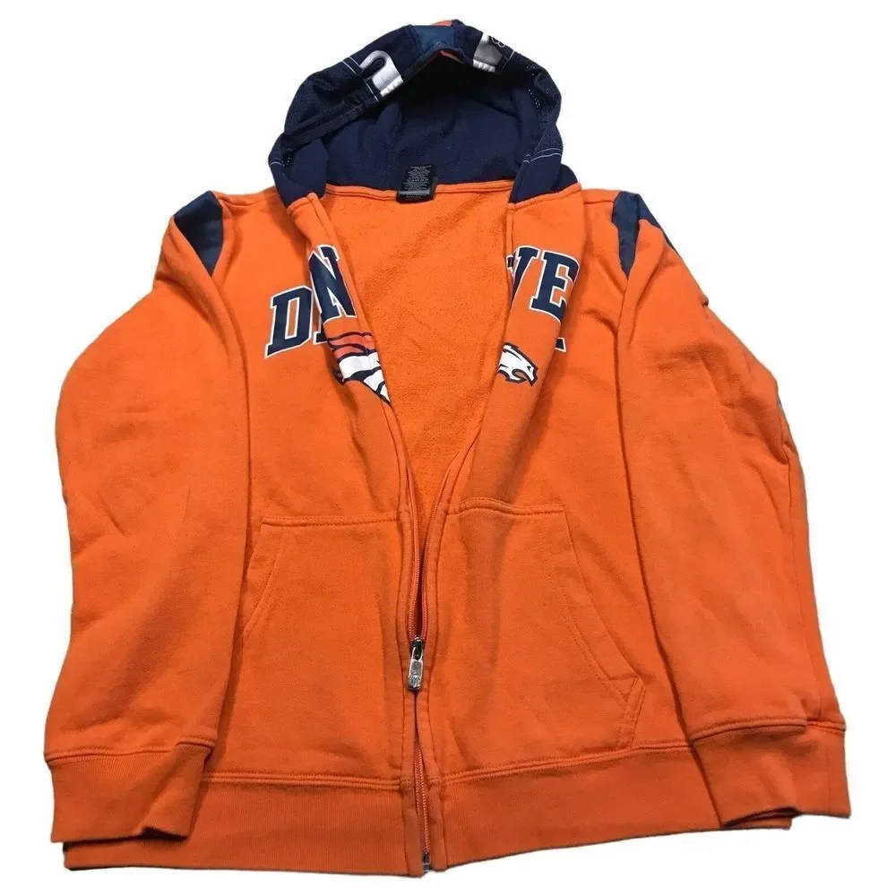 NFL Team Apparel Full zip hooded Jacket Blue Orange Denver Broncos youth size Lg